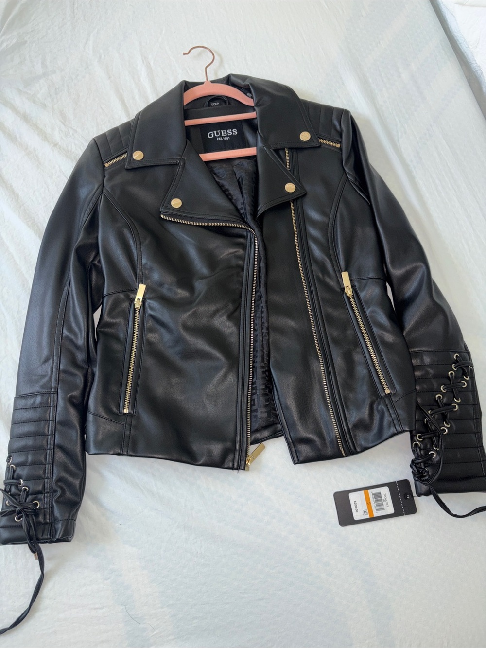 GUESS Black Faux Leather Moto Jacket with Lace-Up Cuffs